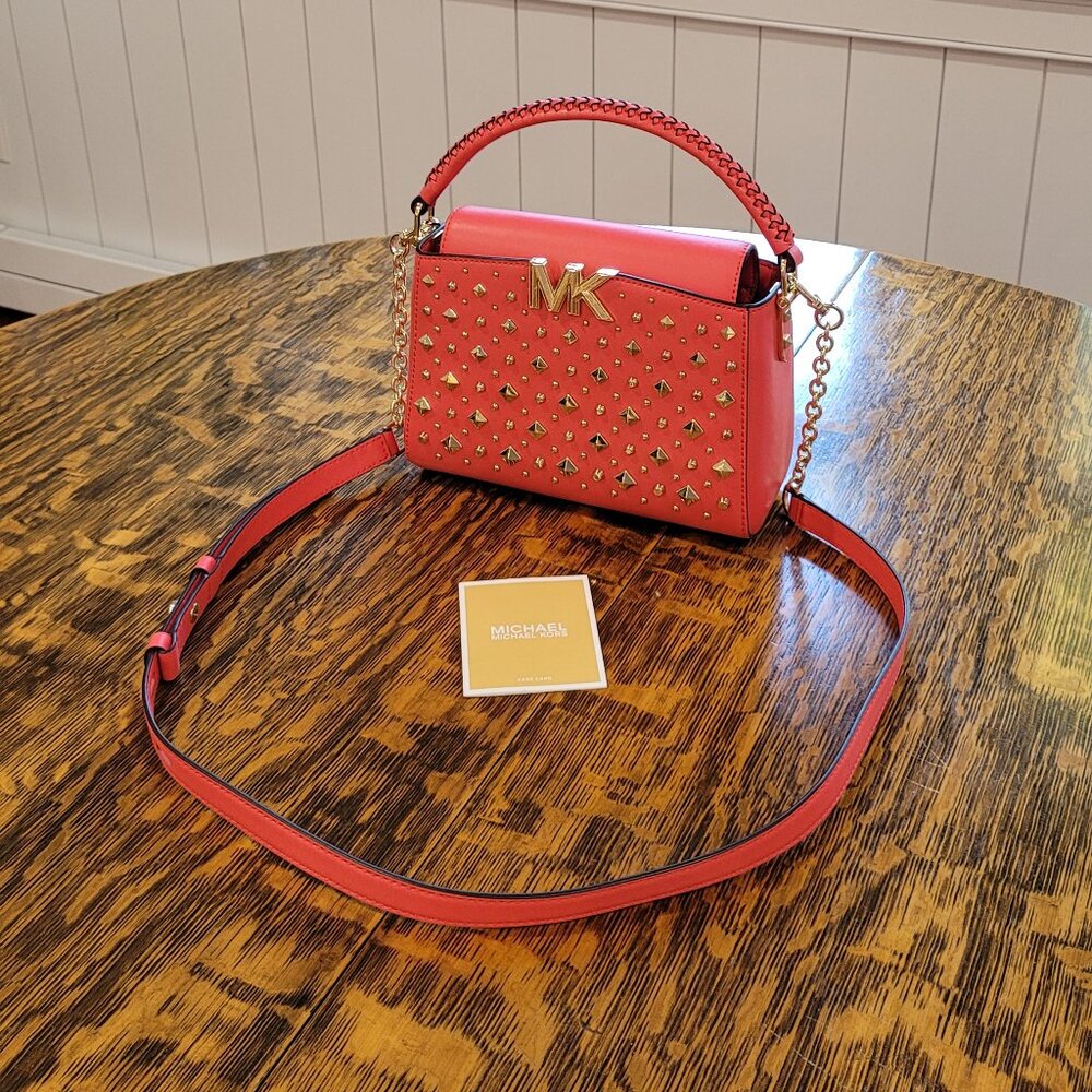 NWOT Michael Kors Gold Studded Crossbody Bag. Red. Gold Chain. Removable Strap. - Picture 15 of 16